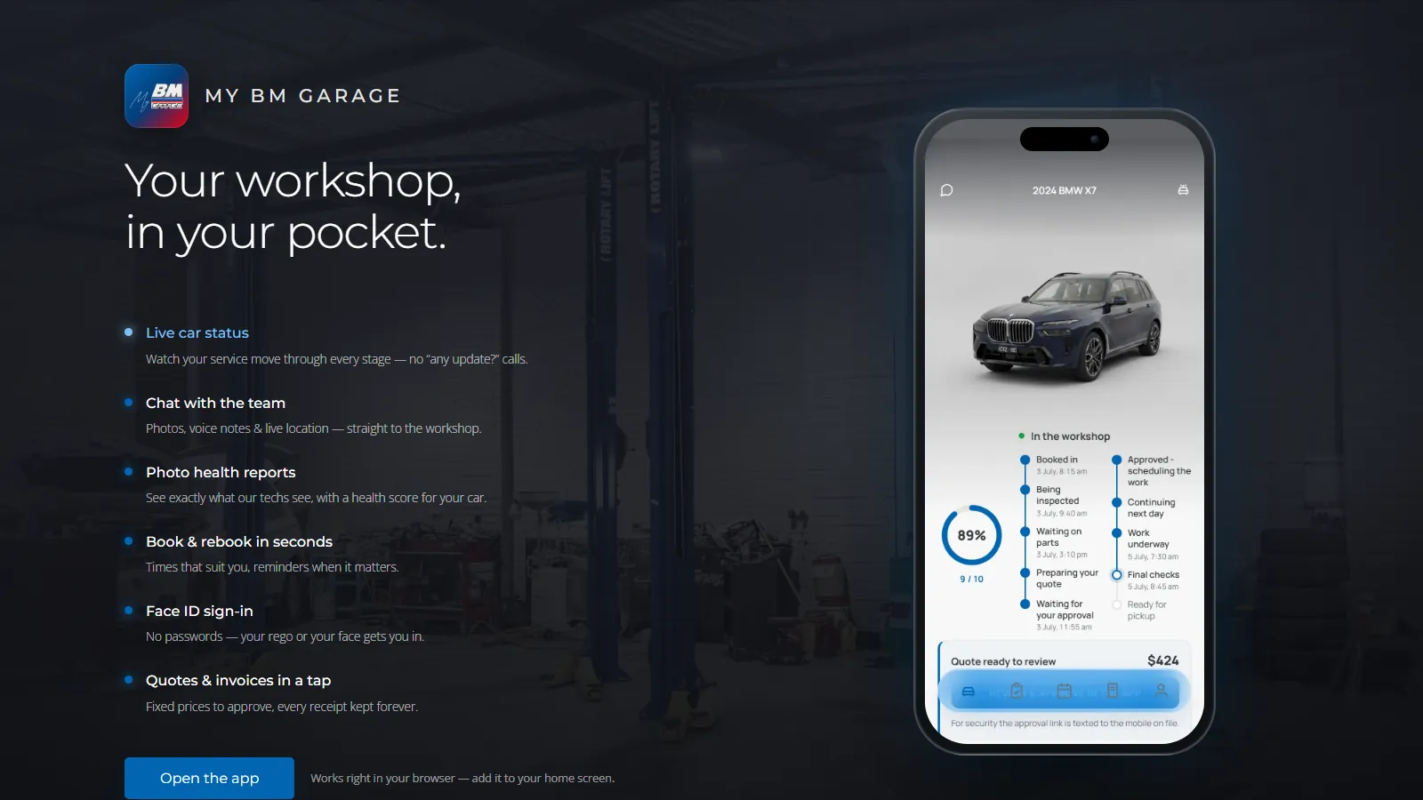 The app section: “Your workshop, in your pocket”, beside a phone showing a car’s progress through the workshop.