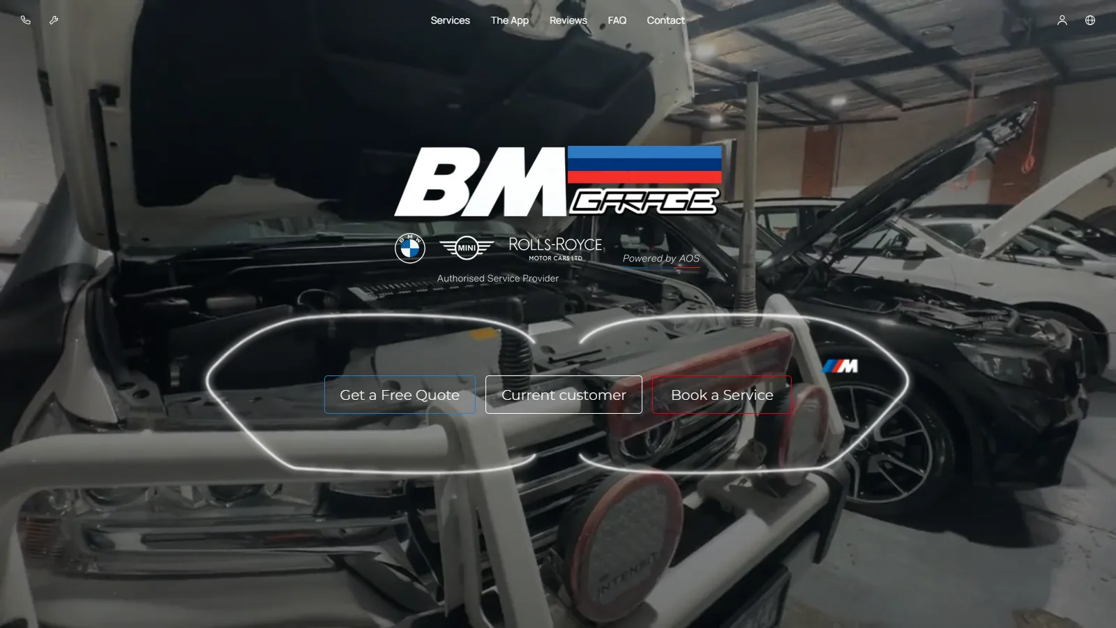 The bmgarage.com.au home page: the BM Garage logo and badges above a lit grille outline holding buttons for a free quote, current customers and booking a service, over the workshop intro video.