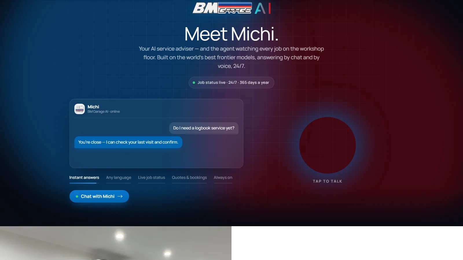 “Meet Michi”: the AI service adviser, with a sample chat about a logbook service and a button to talk.