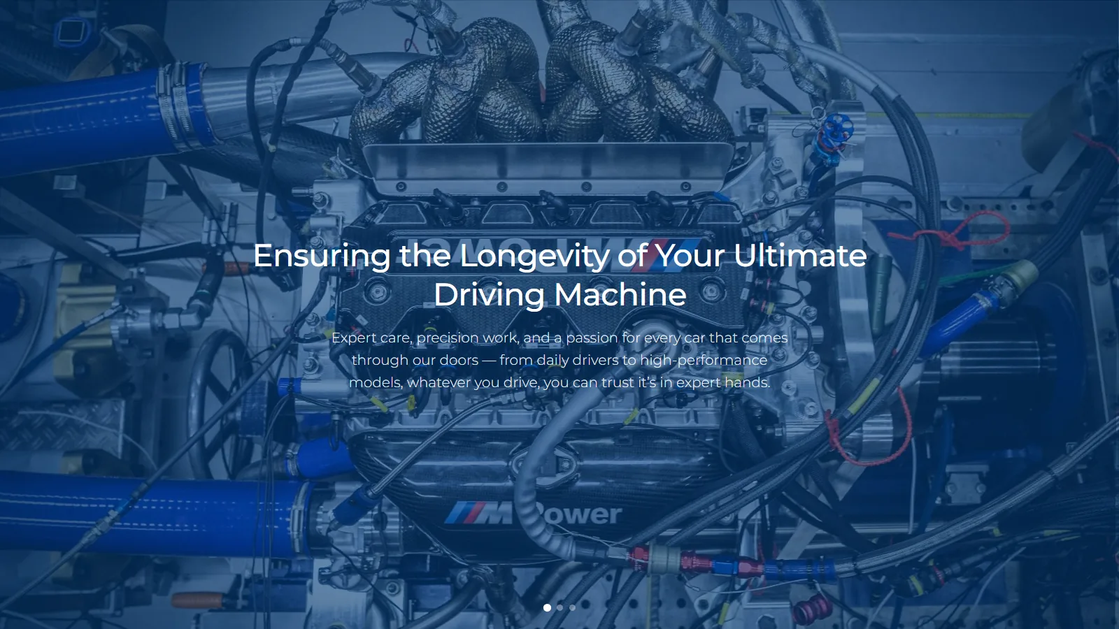 “Ensuring the longevity of your ultimate driving machine”, over a blue-toned photo of an M engine bay.
