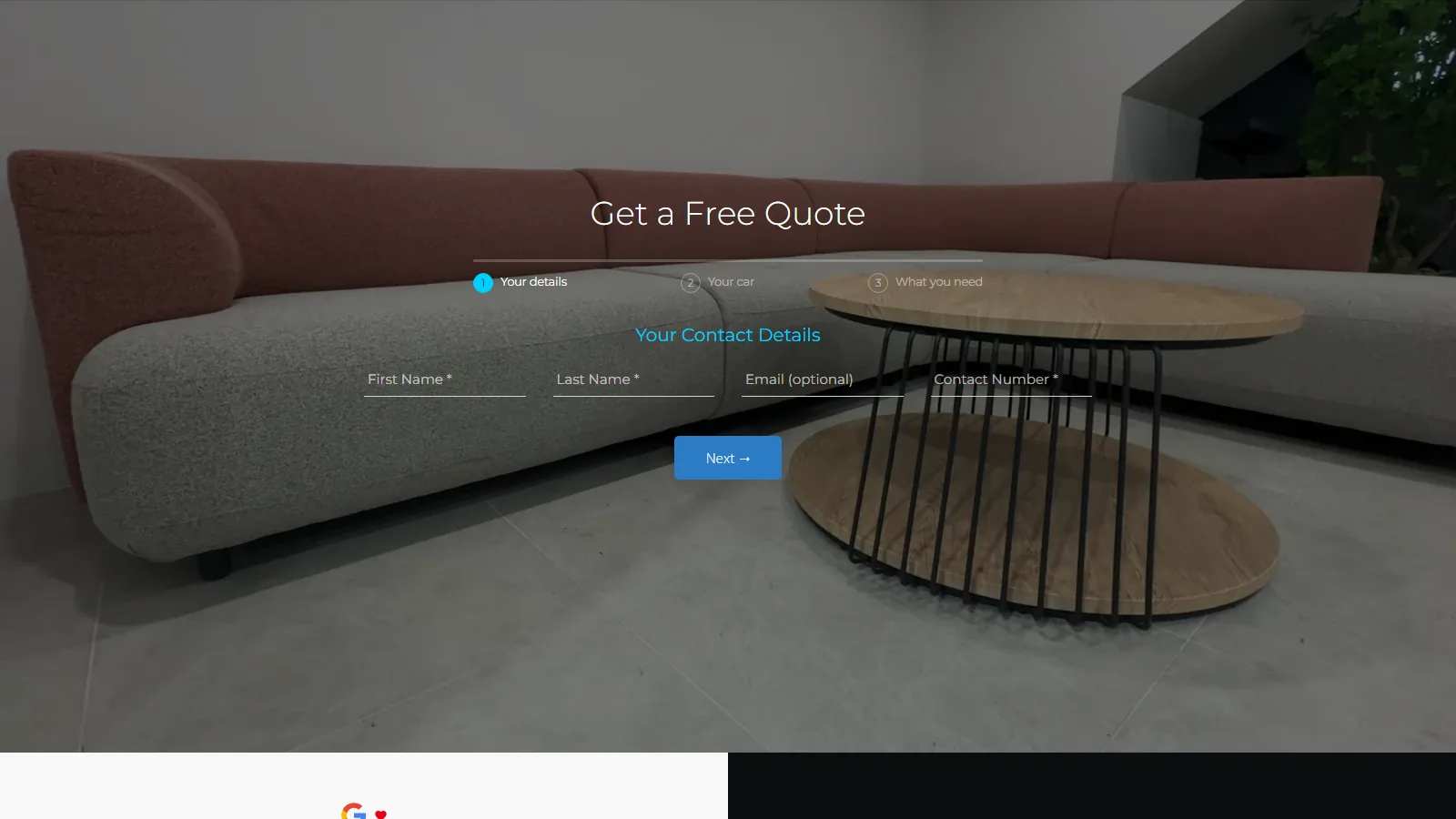 The free-quote form, step one of three, over a photo of the customer lounge.