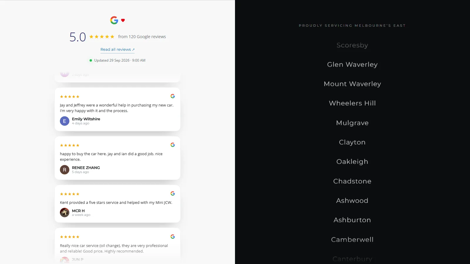 Google reviews, 5.0 from 120, beside the suburbs the workshop serves.