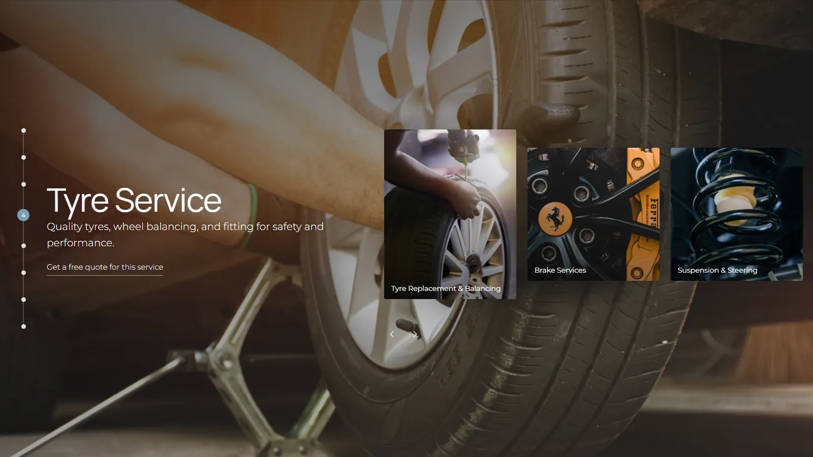The services section: tyre service, with cards for brakes and suspension.