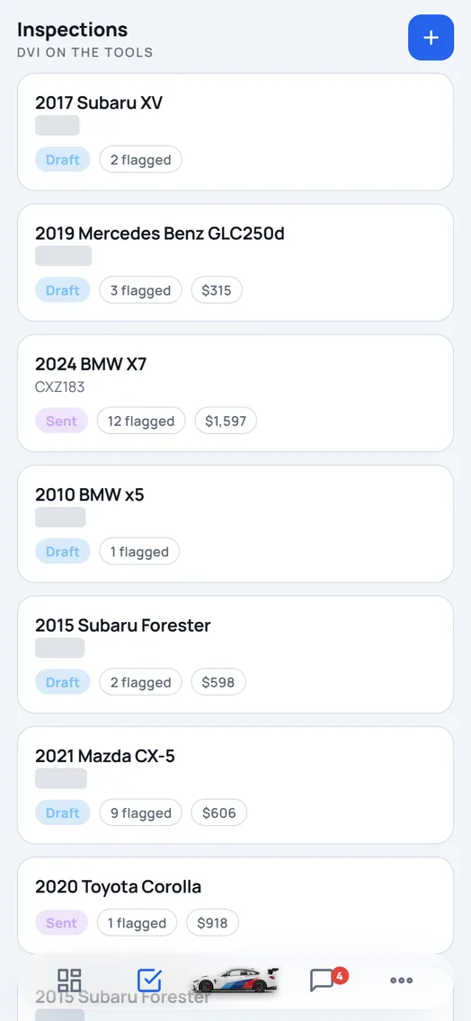 BM Garage Pro inspections: each car with its flagged items and price.