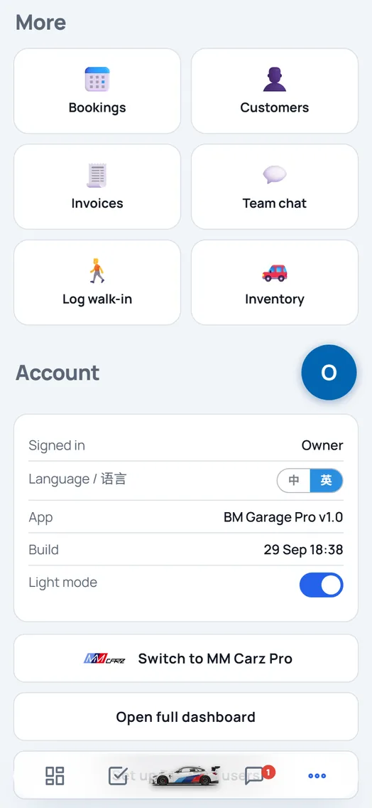 BM Garage Pro shortcuts: bookings, customers, invoices, team chat, walk-ins and inventory.