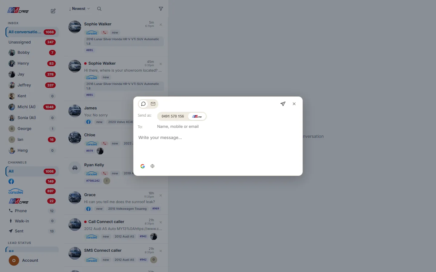 The dealership’s shared inbox with the new message window open: text or email, send as a replyable number or branded, one To field, and buttons for the Google review request and translation.