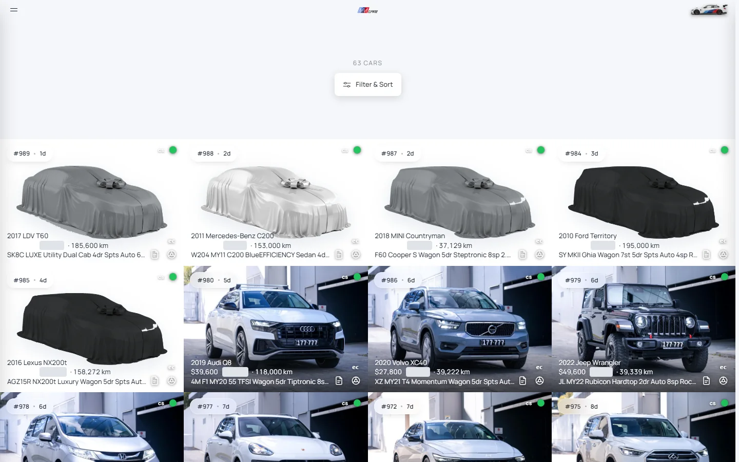 The dealership’s stock page: every car with its stock number, days in stock, price and kilometres.