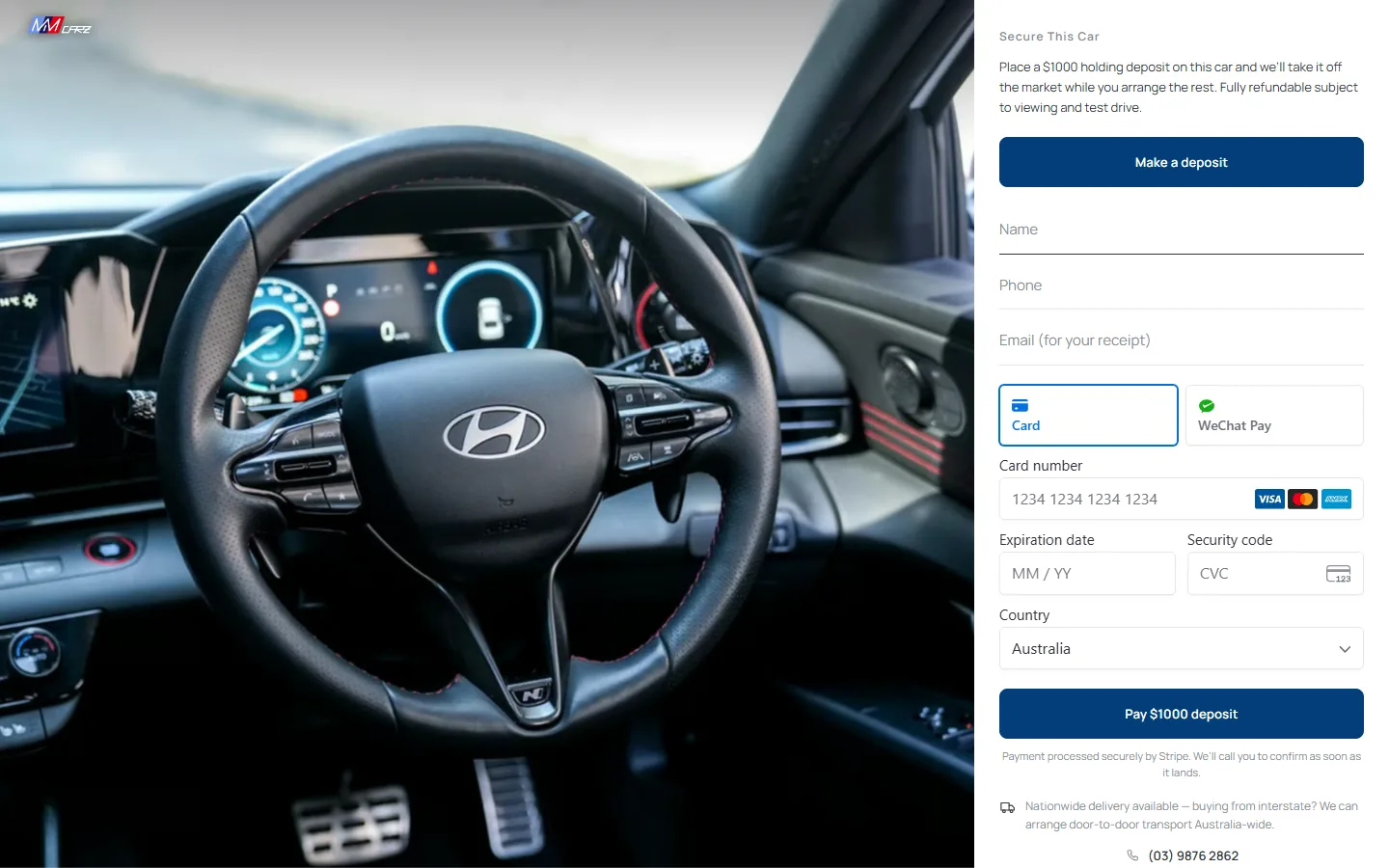 A car’s page with the deposit form open: name, phone and email, then Stripe’s card fields, and a button to pay a $1000 holding deposit.