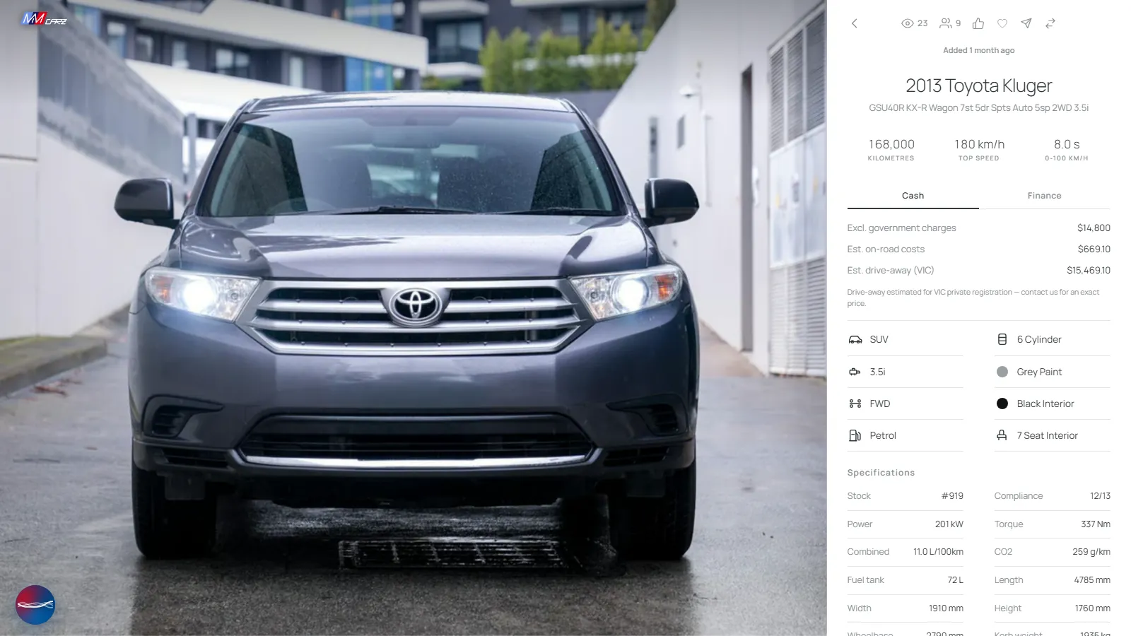 A car’s page: a 2013 Toyota Kluger with its price, on-road costs and specifications.
