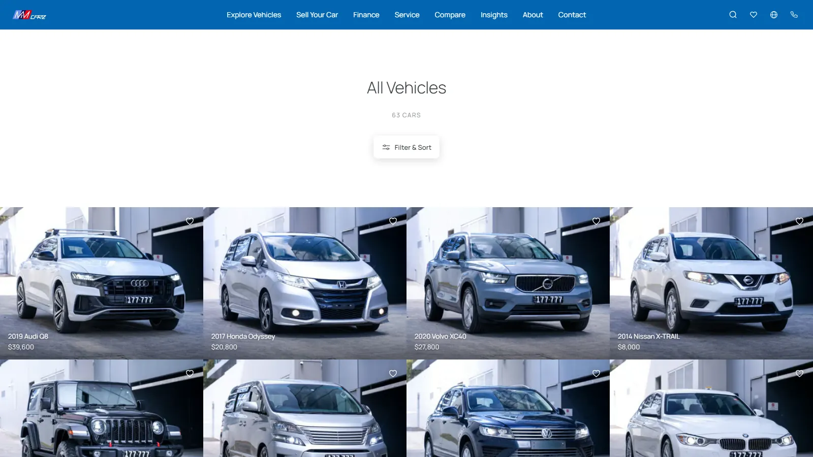 The stock page: 63 cars, a filter button, and a grid of cars with their prices.