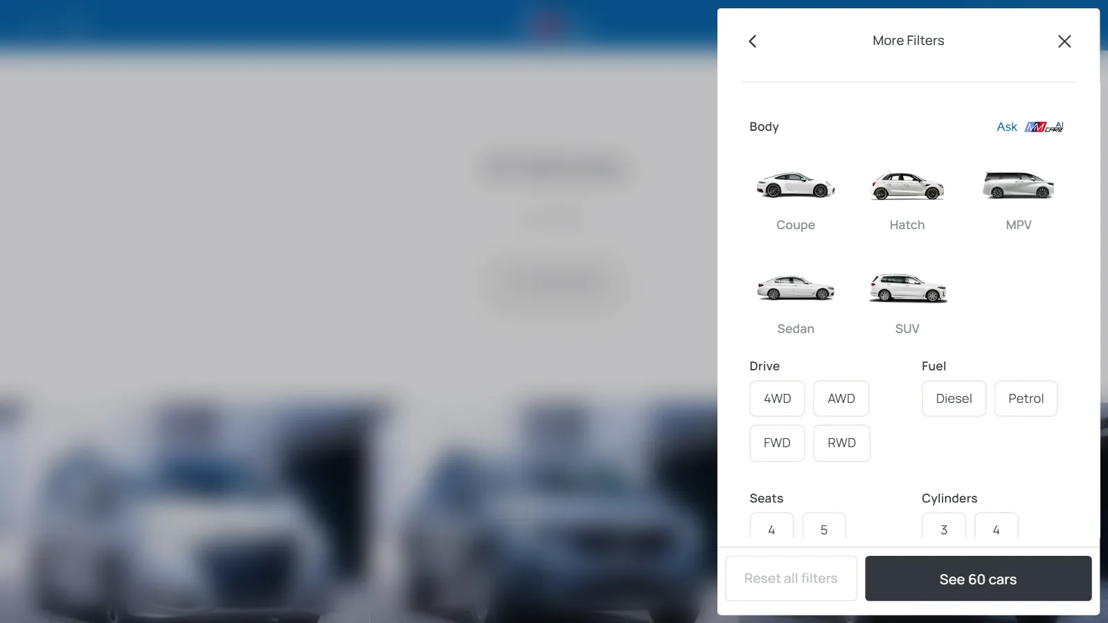 The stock page with the Filter & Sort drawer open at More Filters: body types with a picture of each, then drive, fuel, seats and cylinders, and a button to see the cars.