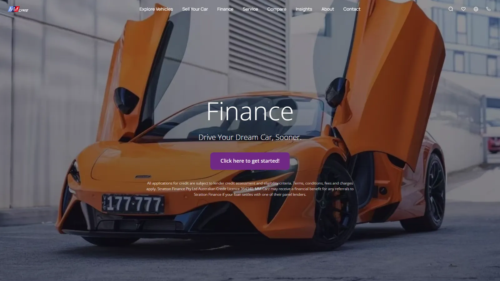 The finance page, over a photo of an orange supercar with its doors up.