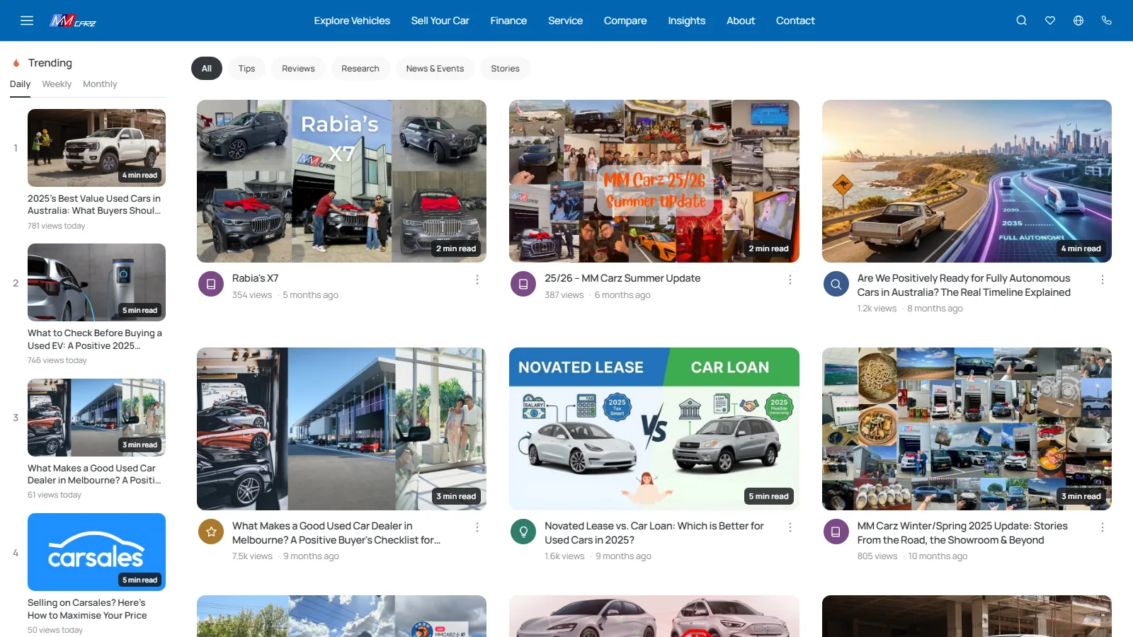 The insights page: trending articles and a grid of posts with their view counts.