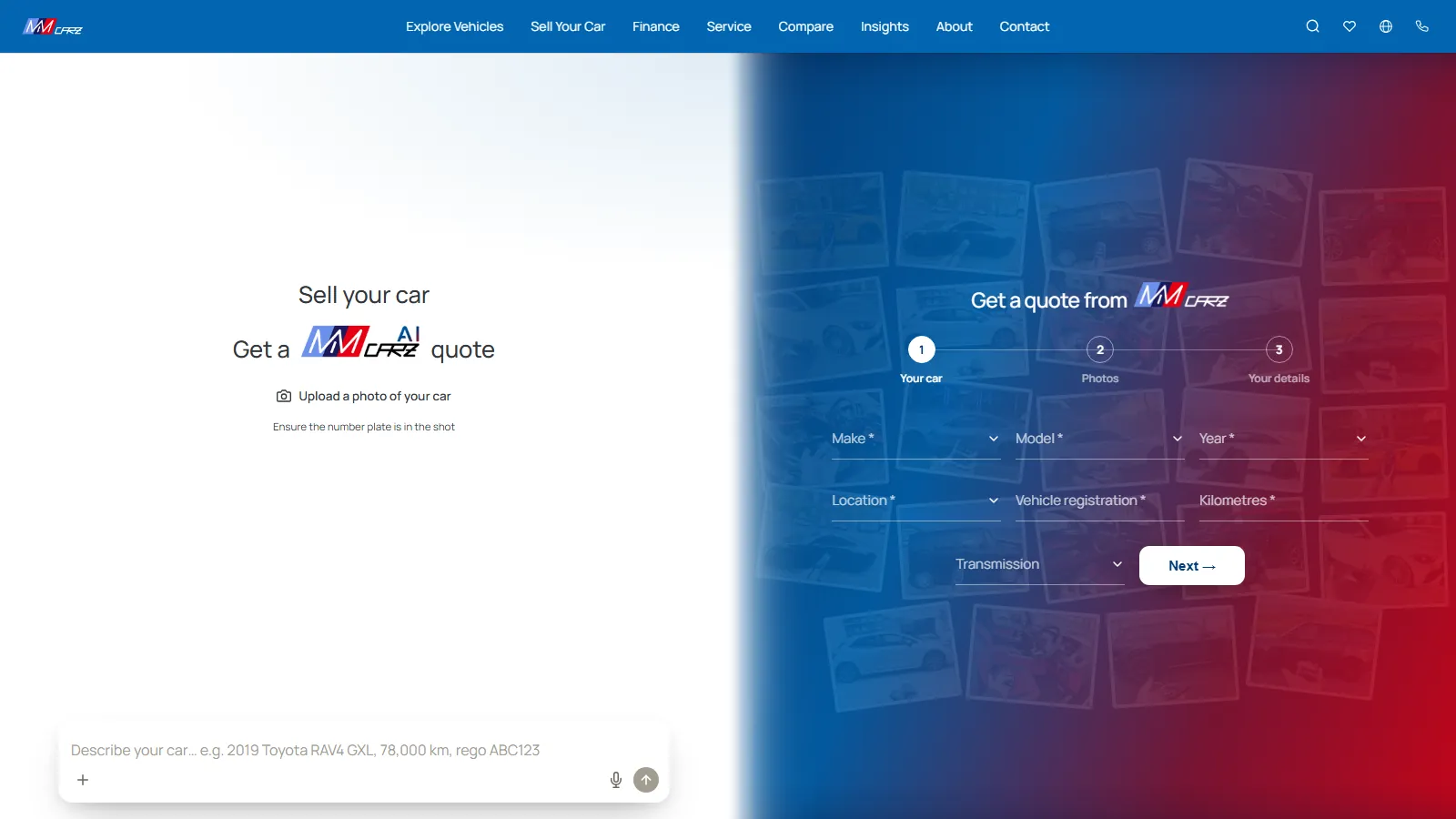 The sell-your-car page: an AI quote from a photo, or a three-step form.